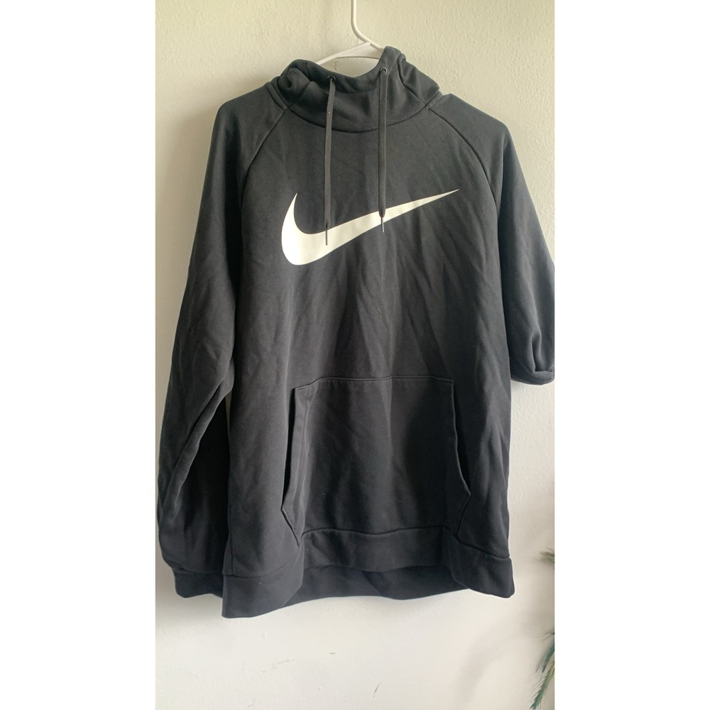 Nike Dri-FIT Mens Black Pullover Hoodie White Swoosh Logo Sweatshirt Medium 3829
